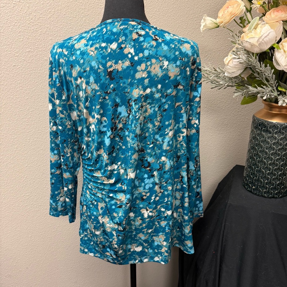 Dana Buchman Teal Abstract Ruched Side Scoop Neck Top XL - Picture 4 of 9